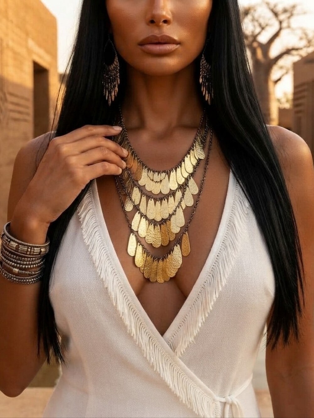 Artisan Egyptian Revival Geometric Multilayer Gold Metal Pendant Necklace